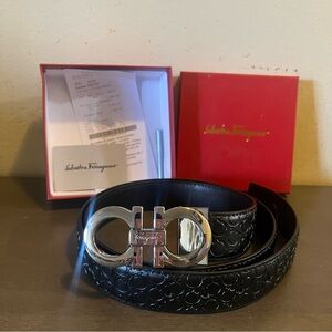 Salvatore Ferragamo Black Embossed Belt pattern design with Silver Buckle